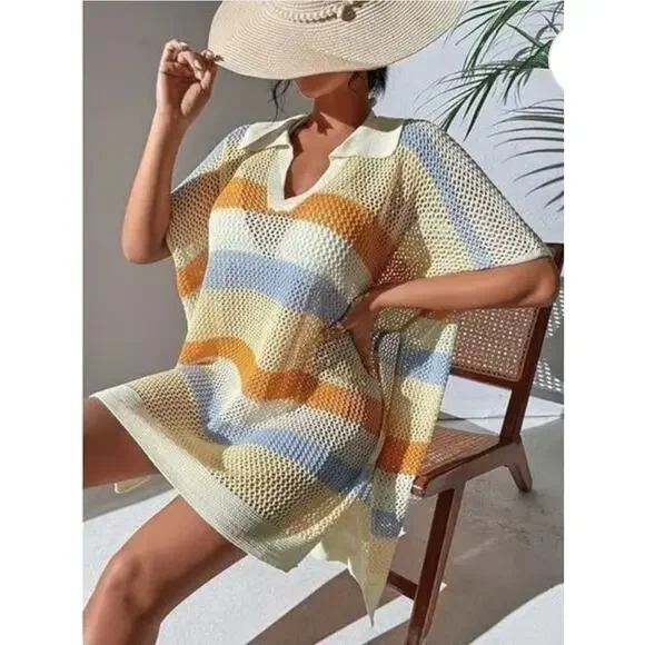 Maeve by Anthropologie Cream Yellow Rust Aqua Striped Open Knit Polo Beach Cover - Picture 2 of 9